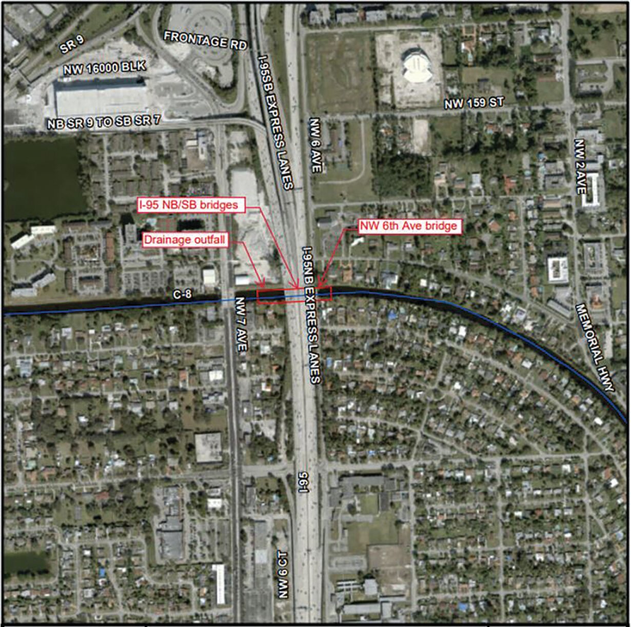 Aerial map of bridges and infrastructure to be replaced as part of the proposed Golden Glades Interchange improvements.